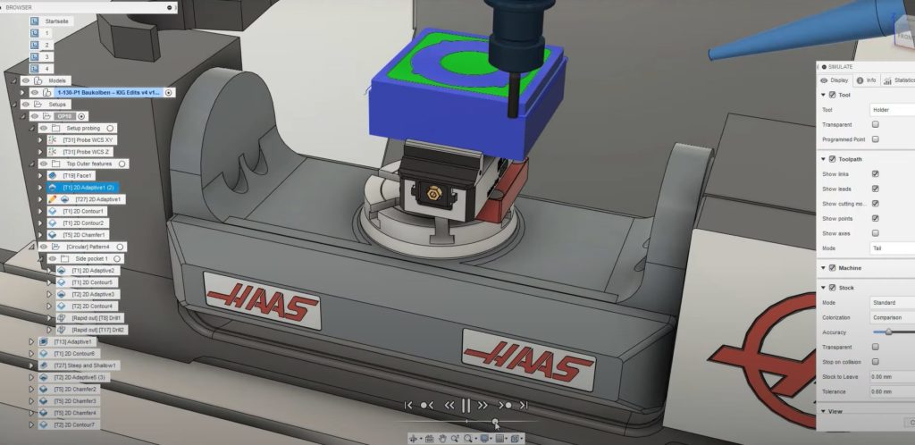 Precision CNC machining with Autodesk software showing complex metal part being milled