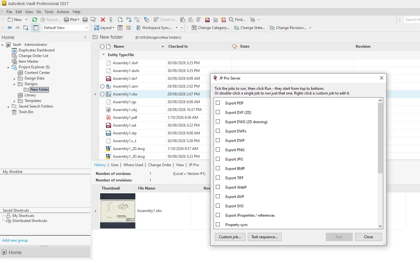Autodesk Vault for AutoCAD Users JP Pro job processor screenshot in the Vault Automation with DC Apps section Design Consulting