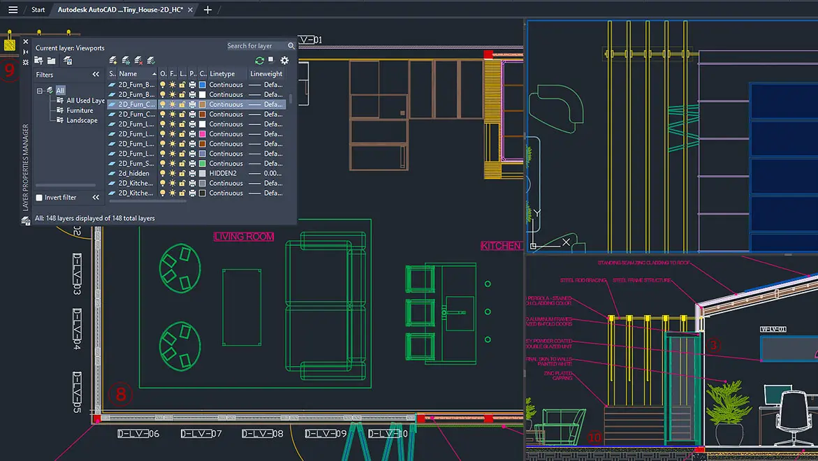 Building design in Autodesk AutoCAD LT with 2D floorplan and cross-sectional views in multiple viewports.