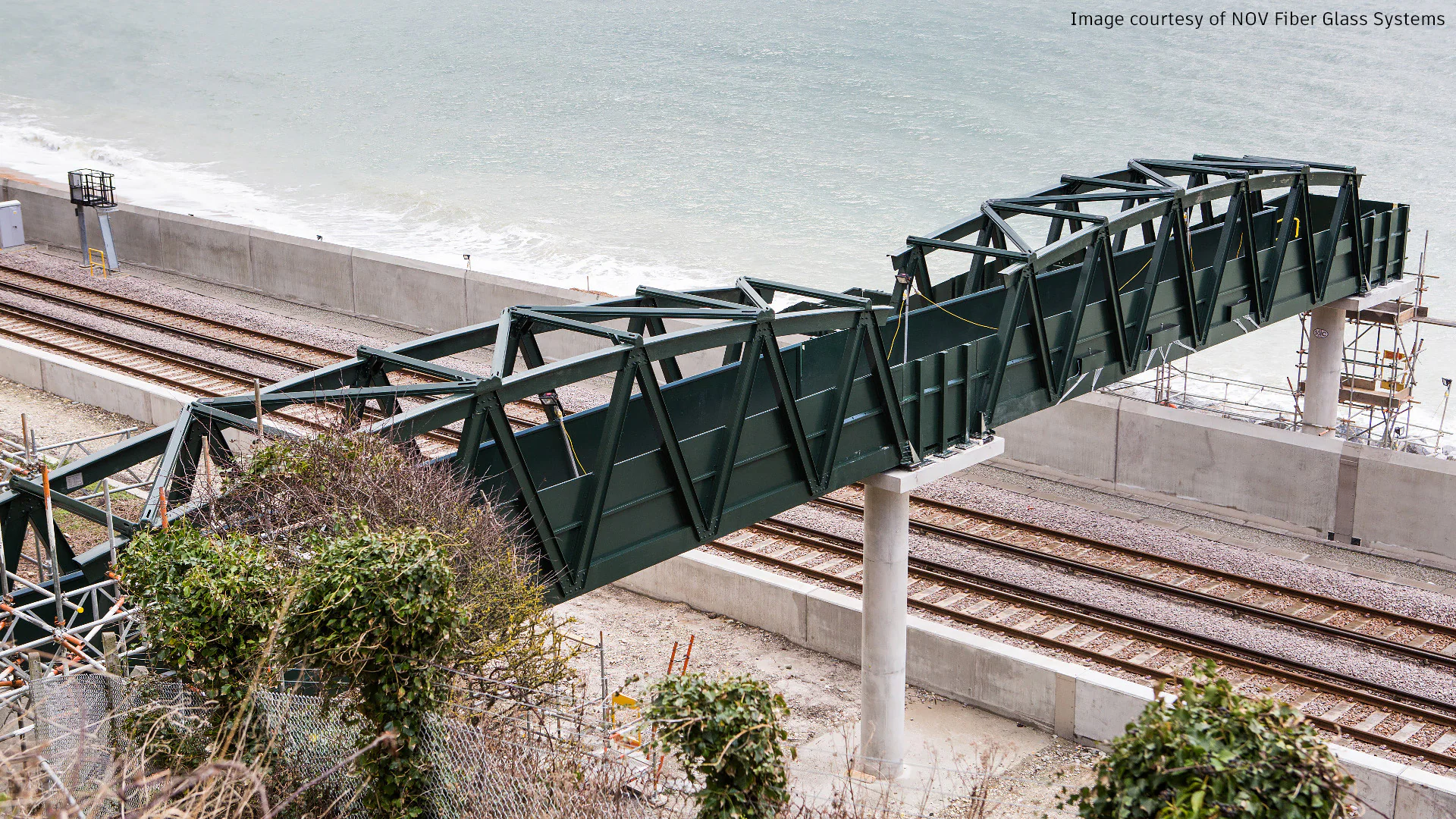 Autodesk Powermill application showcasing engineering precision with a sea wall footbridge design, large scale, 1920x1080