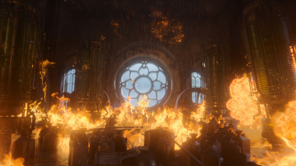 Gothic window with flames and intricate machinery
