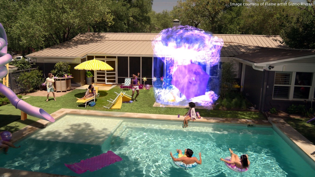 Backyard pool party with digital explosion effect