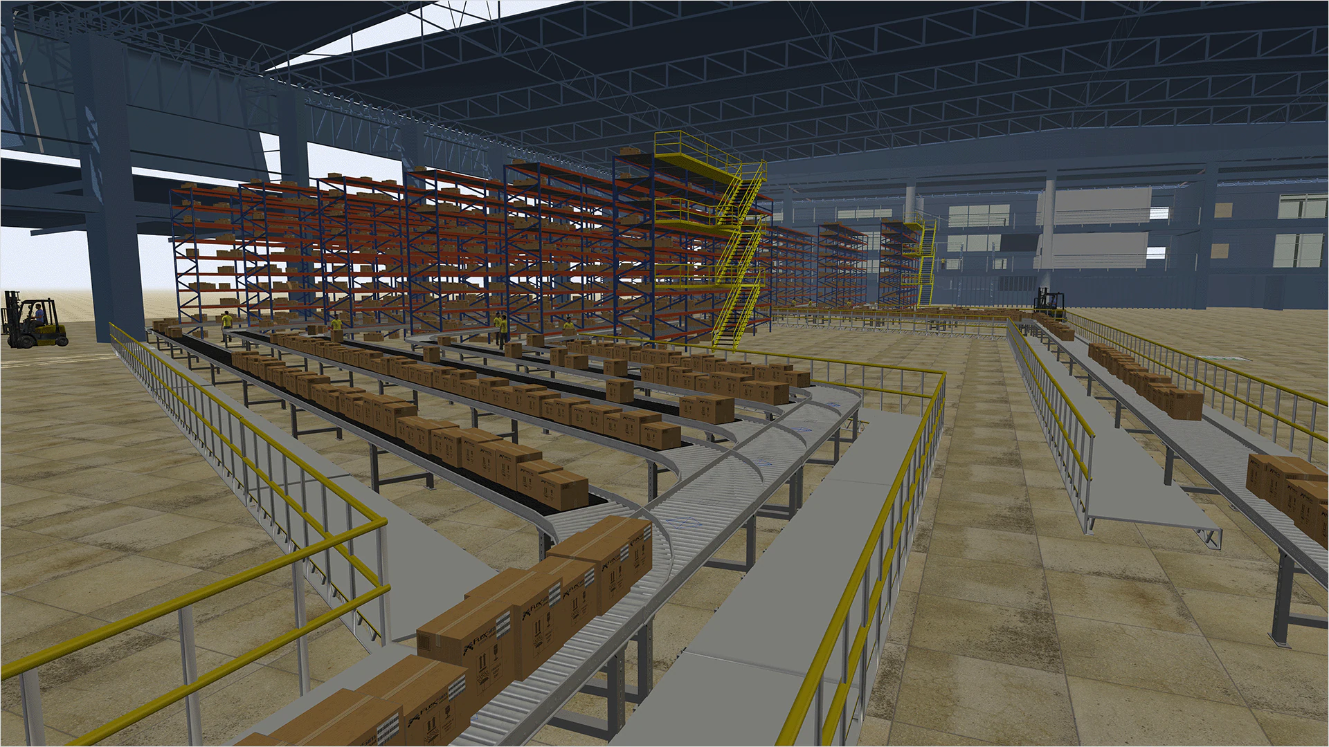 Warehouse simulation with conveyors and stacked boxes