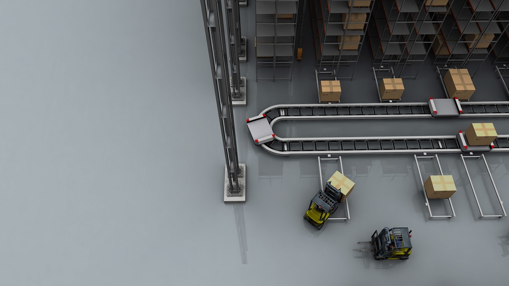 Automated warehouse system with forklifts and conveyors