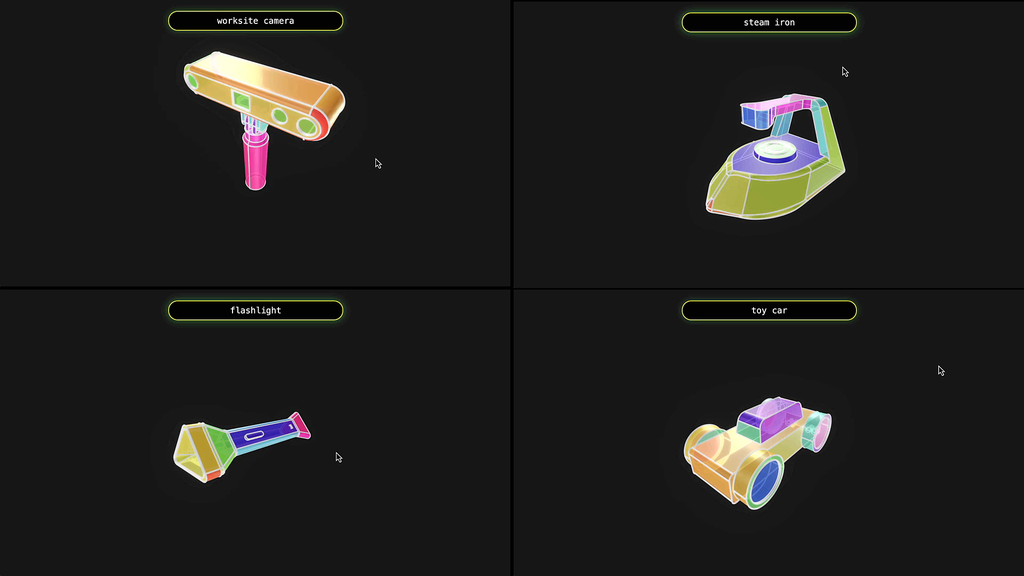 3D models of camera, iron, flashlight, and toy car