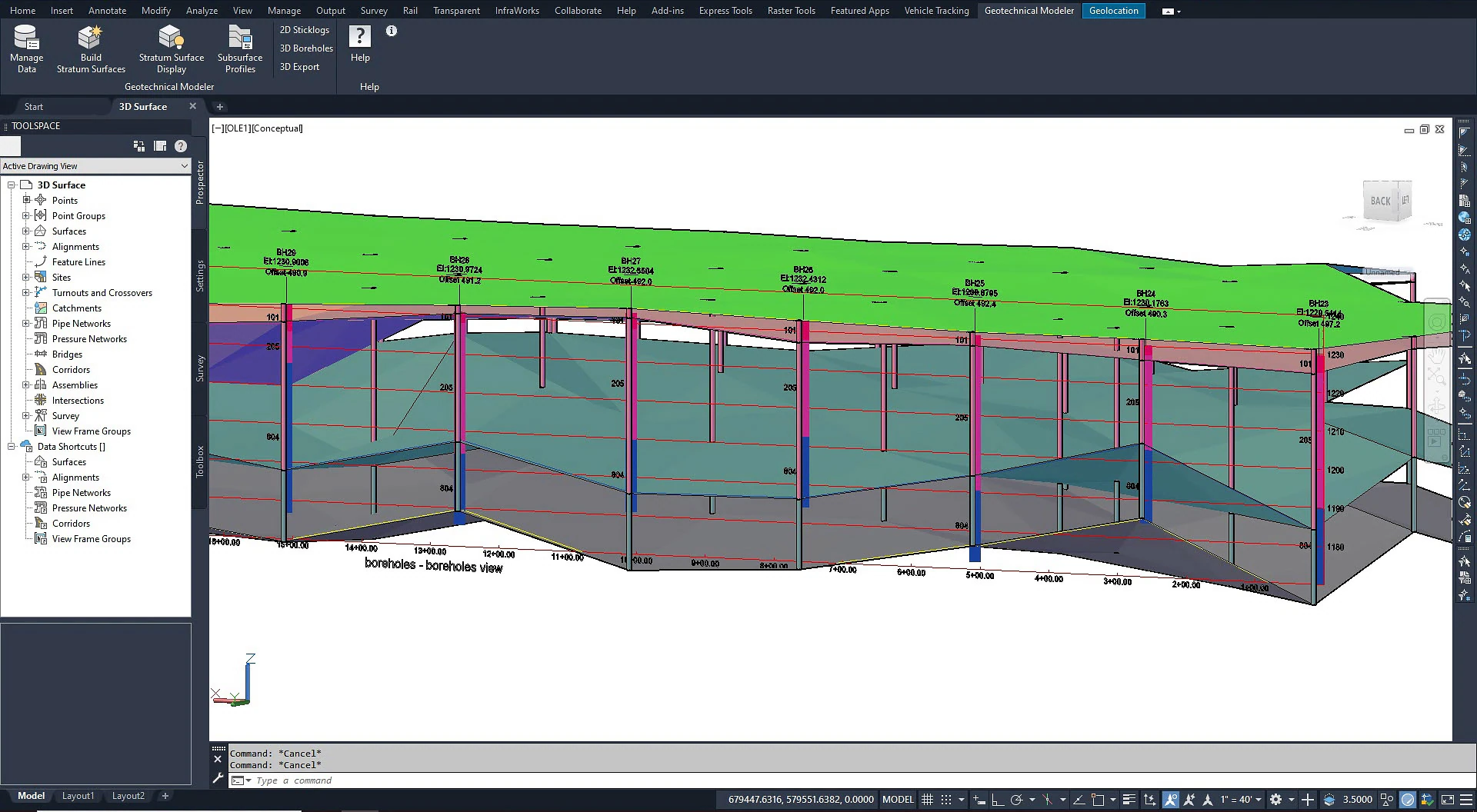 Autodesk Civil 3D 2027 geotechnical modeler interface showcasing advanced civil engineering software features