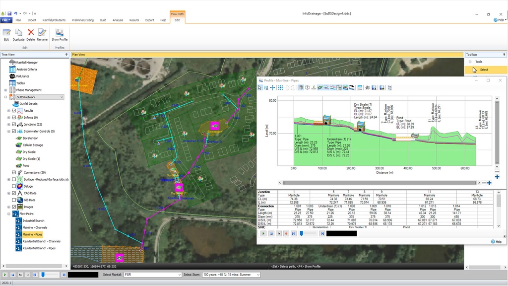 Autodesk Infodrainage software interface showcasing streamlined drainage design features